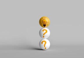 Light bulb icon in yellow ball overlaying white ball with question symbol. Concept of new ideas, knowledge, and innovation photo