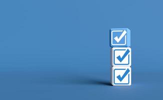 Check mark icon in cube on blue background. checklist survey concept, and evaluation Accreditation, quality assurance. with copy space and business design. photo