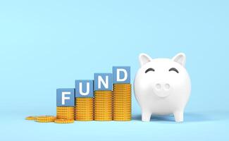 Blue cube with word FUND on dollar coin and piggy bank. Concept of fund management and growth of assets in financial markets. photo