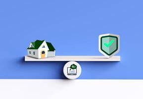 House and shield checkmarks on a scale. concepts of installing automatic safety systems by innovative technology with standardized house structures, Home quality inspection, and smart home security. photo
