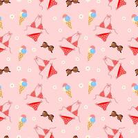 Seamless summer pattern with swimsuit, sunglasses and ice cream on a pink background vector