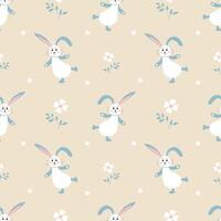 Seamless cute pattern with rabbits and flowers on a gray background vector