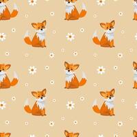 Seamless pattern with foxes and flowers on a beige background vector