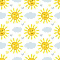 Seamless Baby Pattern with Sun, Clouds and Hearts on a White Background vector