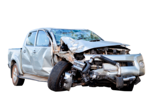 Car, Front view of gray or bronze pickup car get damaged by accident on the road. damaged cars after collision. isolated on transparent background, File png