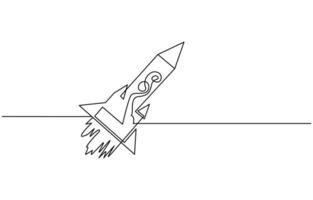 One continuous line drawing of simple retro spacecraft flying vector