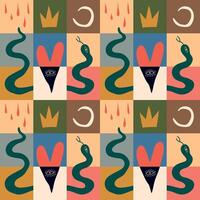 Valentine's day seamless pattern. Geometric pattern with snake, heart, crown and moon. illustration for packaging, greeting card, fabric, wrapping paper, cover vector