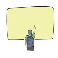 male traveler with backpack pointing up on big yellow blank space illustration hand drawn isolated on white background vector