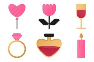 Set of elements with romantic symbols - balloon, glass of wine, elixir, candle, ring, flower. vector