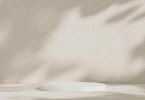Abstract studio room with realistic white cylinder pedestal podium set and leaf shadow overlay. Minimal scene for product display presentation. geometric platform stage for showcase photo