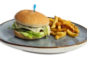 Delicious cheeseburger with lettuce topped by a toothpick and fries on a plate png