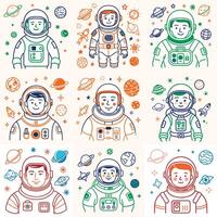 Set of astronaut in various poses in outer space. Spaceman galaxy exploration. Comic design style vector