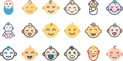 Various facial expressions of the baby icon set Three. Editable line stroke. Flat simple design vector