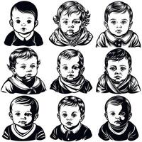 Set of a cute baby in underpants with different styles. illustration in flat cartoon style. Black and white style vector