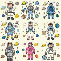Set of astronaut in various poses in outer space. Spaceman galaxy exploration. Comic design style medium details vector