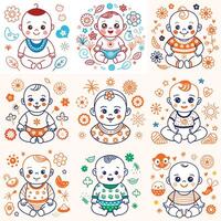 Set of a cute baby in underpants with different styles. illustration in flat cartoon style. Icon style vector