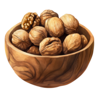 Walnuts in a wooden bowl on transparent background png