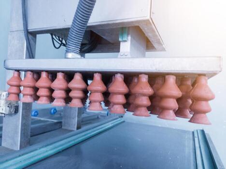 The suction cups eggs on the poultry hatchery machine for eggs candling and selection. Actuator pneumatic system on the Automatic eggs candling machine.Hatchery technology. photo