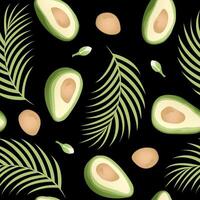 Seamless pattern with hand drawn tropical palm leaves and avocado slice on black background. vector