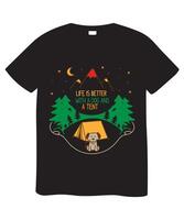 T shirt design features a serene camping scene with a cute dog sitting in front of a tent, surrounded by pine trees and mountains under a starry night sky. With Life is better with a dog and a tent vector