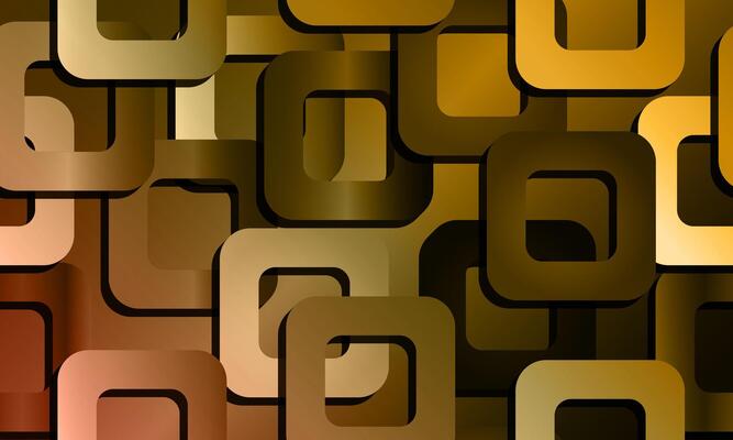 Abstract geometric brown background with gold squares pattern.