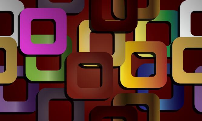 Abstract geometric red background with colorful squares pattern.