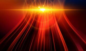 Soft light golden rays rising on dark background. Red stripes line. vector