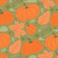 Vibrant pumpkin and leaf pattern with orange and green tones, celebrating harvest and autumn with a seamless festive design for seasonal projects vector