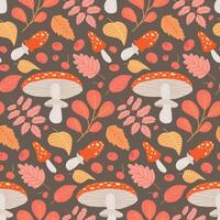 Seamless autumn pattern with red mushrooms, colorful leaves, and berries on a warm brown background, ideal for seasonal designs and decor vector