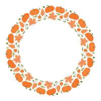 Autumn wreath of orange pumpkins and fall leaves on a white background, ideal for festive designs, invitations, and seasonal decor vector