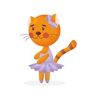 Happy cute cat, kitten character, ballet dancer in pointed shoes and tutu skirt, cartoon illustration isolated on white background. Little cat baby animal, ballet dancer, ballerina in tutu. vector