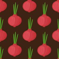 Seamless pattern red onion with green onion, cutaway onion top view isolated on background, flat lay for culinary blog, recipe screensaver, patchwork fabric. vector