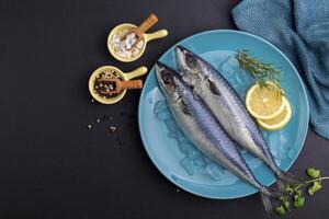 Raw Mackerel with Rosemary Lemon, Basil and Salt. Healthy fresh seafood placed on a blue plate. Black background. Top view with space for text. photo