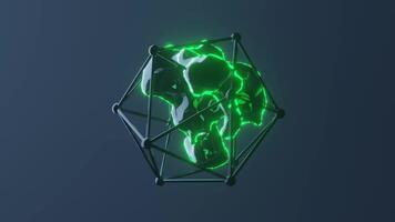 Abstract rotating icosahedron figure with a green liquid inside on a blue background. Design. Geometric shape with triangular faces. video