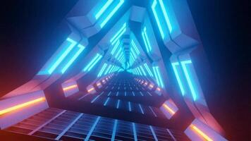 Futuristic spaceship corridor featuring a striking triangular shape, beautifully illuminated with blue and orange neon lights, captured in a cinematic zoom-in effect, perfect for sci-fi video