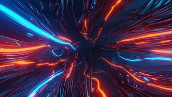 Abstract 3D neon background. Flying through lightning tunnel. Blue and red energy electricity cables. Streams of data. Connection concept. Seamless loop animation. 4K 30 fps video