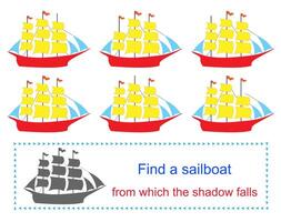 Educational game for kids. Task for attentiveness. Find a sailboat from which the shadow falls. illustration. vector
