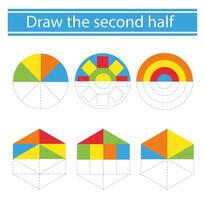 Draw the second half. Coloring book. Preschool worksheet for practicing fine motor skills. . vector