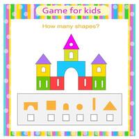 Educational game for kids. The palace in the form of geometric shapes. Count how many rectangles, triangles, squares, circles vector