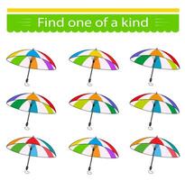 Educational game for children. Need to find one of a kind umbrella. Visual intelligence. illustration vector