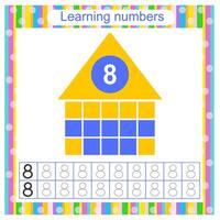 Preschool worksheet activity. Tracing dashed lines. Number worksheets for kids to practice writing the numbers. Number 8. vector