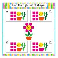 Logic puzzle for kids. Find the correct set of cartoon flower pot. Answer is A. vector