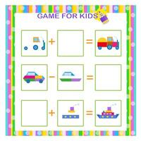 Math game for kids. Addition and subtraction with geometric shapes. Preschool worksheet activity vector