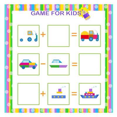 Math game for kids. Addition and subtraction with geometric shapes. Preschool worksheet activity