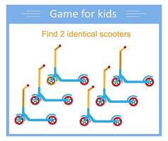 Logic game. Find two identical scooters. Visual intelligence. illustration vector