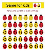 A game for kids. Find the group of ladybugs shown in the sample and circle it. vector
