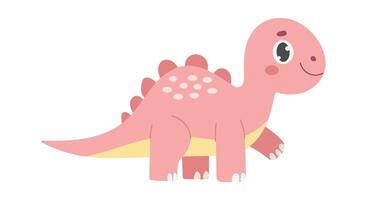 A pink dinosaur with a smile on its face. It has a yellow belly and pink legs. It is walking on a white background vector
