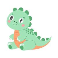 A green dinosaur with orange spots is sitting on a white background. It has a smile on its face vector