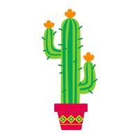 A green cactus in a red pot. The cactus has three flowers on top. The pot is decorated with a pattern vector