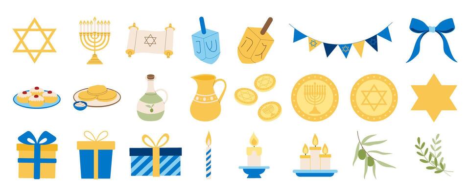 A collection of symbols and images including a star of David, a menorah, a wine glass, a candle, a bowl, a plate, a cup, a bowl, a wine glass, a plate, a bowl, a plate, a bowl